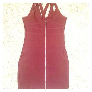 Front Zip Burgundy Bodycon Bangage Dress